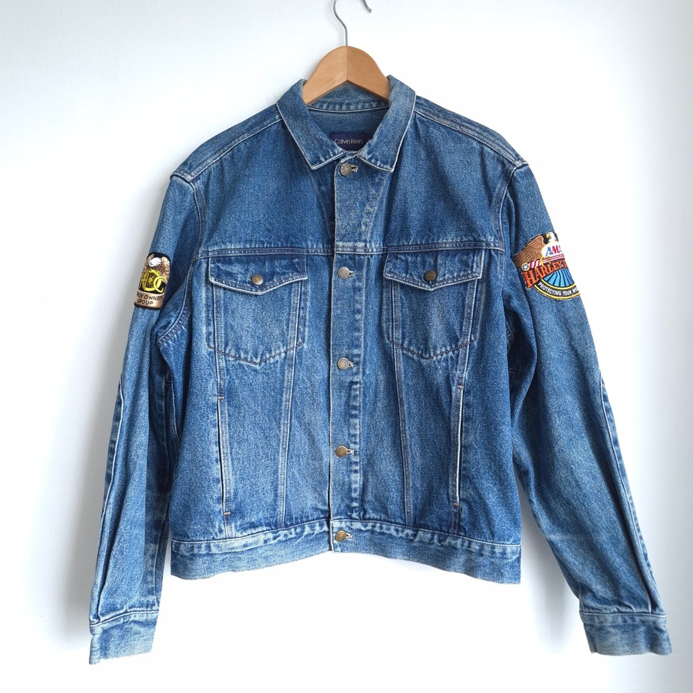 Calvin Klein Denim Jacket Blue L Harley Davidson Biker Trucker Vintage Patched - Picture 5 of 16